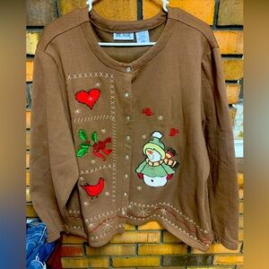 Vintage Blair Brown Holiday Snap Up Cardigan with Snowman and Heart Accents